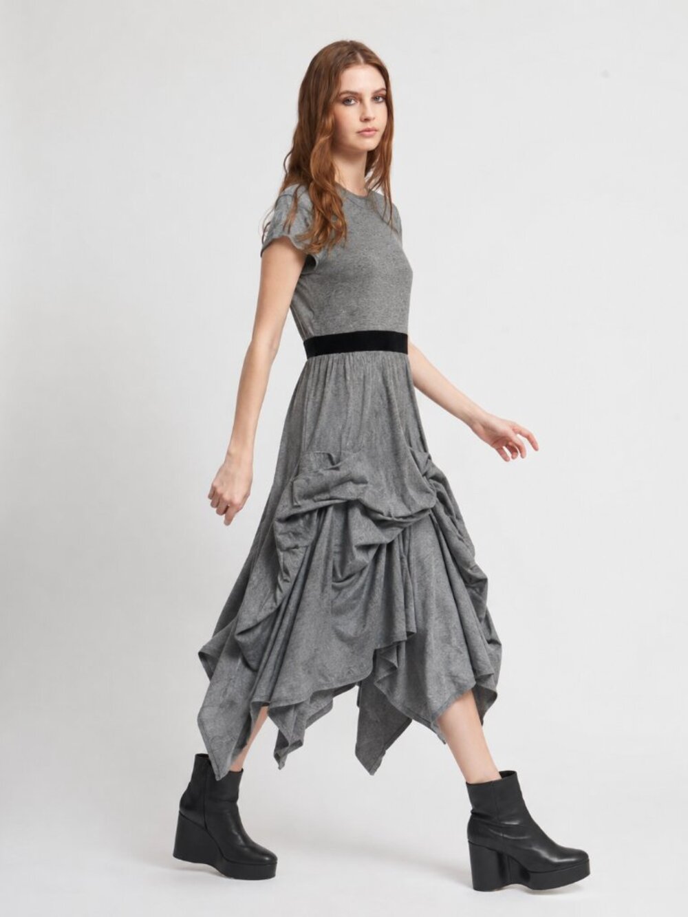 Morgane Le Fay Gray Short Sleeve Draped Dress with Black Waist Band